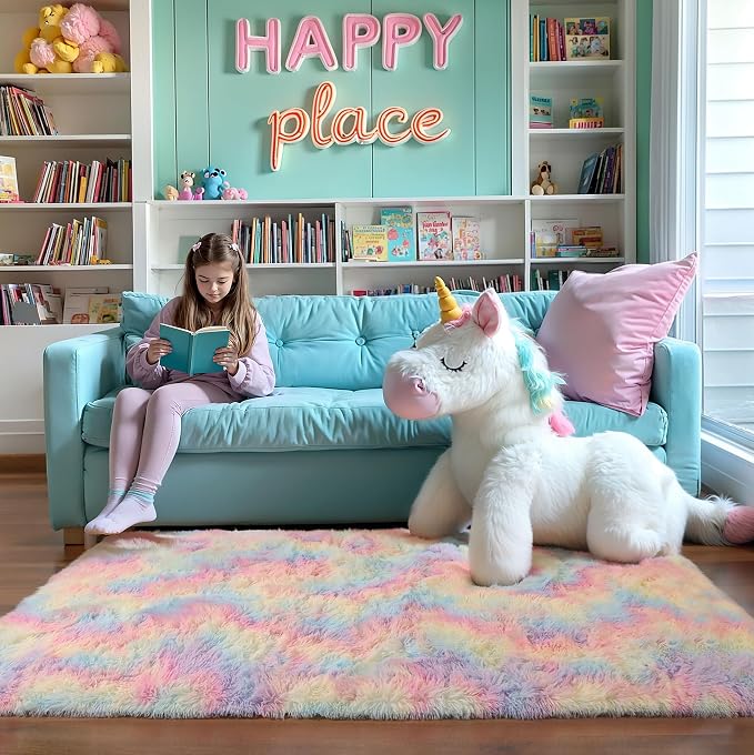 6x9 Rainbow Unicorn Rug for Kids Bedroom, Soft Plush Shag Carpet | Pastel Rainbow Area Rug for Girls Bedroom, Living Room, Nursery, Washable Non Slip Plush Carpet