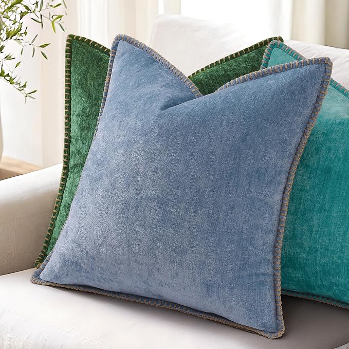 decorUhome Soft Chenille Throw Pillow Covers 12x20 Set of 2 Turquoise | Fall Textured Decorative Throw Pillow Cases Stitched Edge Modern Farmhouse Luxury Boho Velvet for Couch Sofa Bed Home Decor