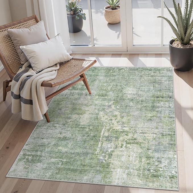 Soalmost Abstract 4x6 Area Rug Washable Rugs for Living Room, Green/Ivory | Vintage Non-Slip Carpet for Dining Bedroom, Thin Low Pile Stain Resistant Floor Mat Nursery Under Table Home Office Decor