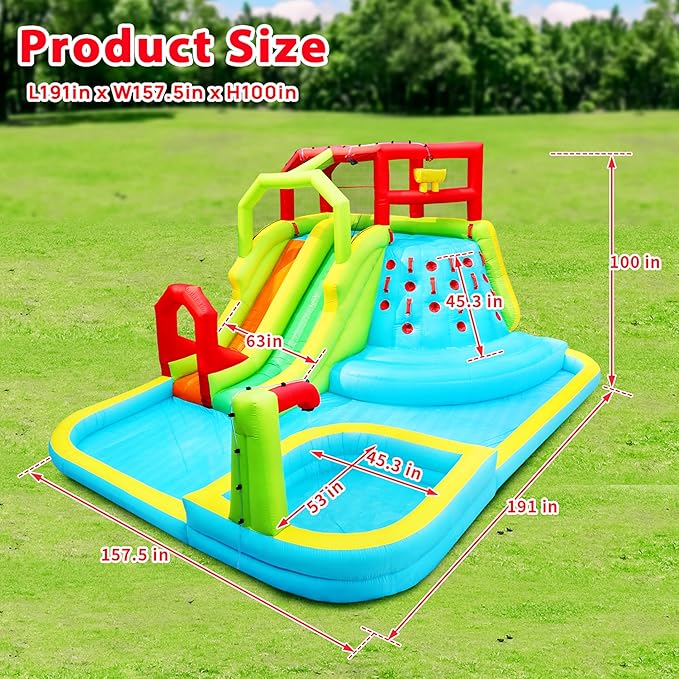 Inflatable Water Slide Park, Bouncy Castle with Deep Pool, 191 x 157.5 x 100 Inch, Jumping Castle with Air Blower
