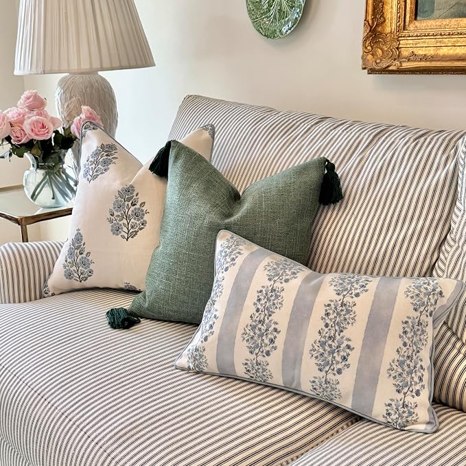 “The Juliet” Floral Block Print Pillow Cover – Soft Blue and Off-White Decorative Throw Pillow Cover – Grandmillennial Home Decor, 12"x20"