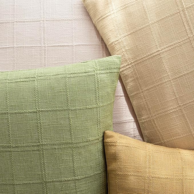 Foindtower Set of 2 Decorative Linen Check Throw Pillow Covers Neutral Farmhouse Vintage Cushion Covers Modern Boho Accent Home Decor for Sofa Chair Couch Bedroom Living Room,24×24 Inch,Light Green