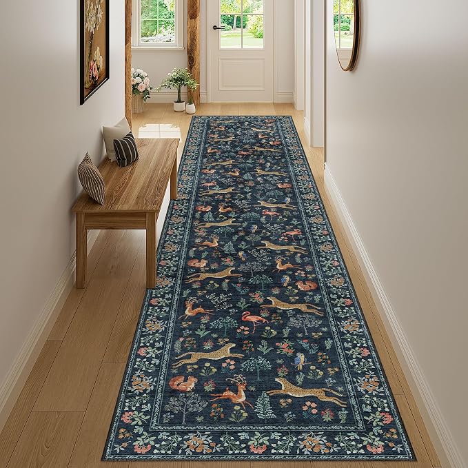 DUKINO 2.6x12 Hallway Runner Rug, Washable Animal Rug Non Slip, Navy Blue | Low Pile, Stain Resistant, Soft Indoor Long Carpet Runner for Entryway, Kitchen, Bedroom, Bathroom, Pet Friendly, Ultra-Thin