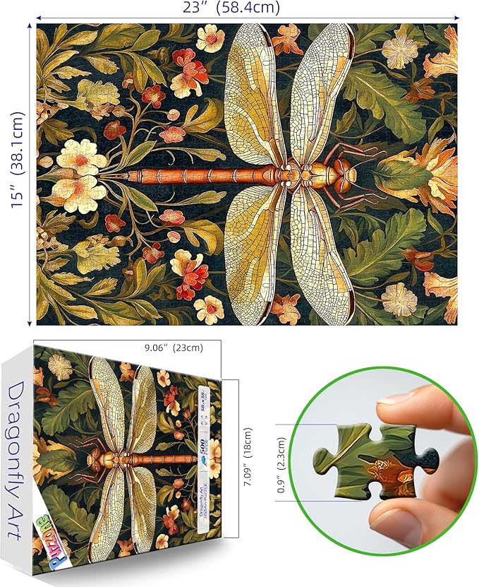 Dragonfly Art 500 Pieces Puzzles for Adults Floral Pattern with Vintage Botanical Illustration Jigsaw Puzzle Flowers Stained Glass Effect Dragonfly Challenging Adult Puzzle for Home Decor & Gift