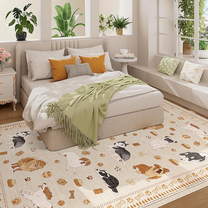 DUKINO 6x9 Washable Dog Area Rug for Living Room Non Slip, Beige Yellow | Non-Shedding, Stain Resistant, Soft Animal Carpet for Bedroom Kids Playroom Nursery Dining Room Farmhouse, Pet & Kid Friendly