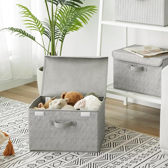 GRANNY SAYS Storage Baskets with Lids, Clothes Storage Boxes, Fabric Storage Bins, Keepsake Box, Closet Organizers and Storage, Gray, 2-Pack | Flip-Top Lid, Collapsible, Stackable, 3 Handles, Ideal for Closet Clothes Blanket Toys, Large, Gray, 2-Pack