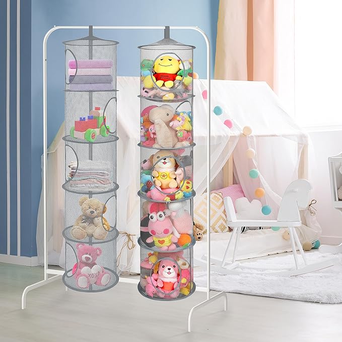 2Pcs Hanging Mesh Space Saver Bags Organizer, Foldable Storage Organizer 5 Compartments Toy Storage Organizer for Kid Room Toys, Gloves,Hats,Socks Storage #Grey