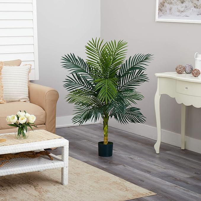 Nearly Natural 4 ft Artificial Golden Cane Palm Tree with Nursery Pot | Double-Stalk, Lush Realistic Foliage, Indoor Faux Palm Plant, Living Room Decor, Perfect Tropical Decoration