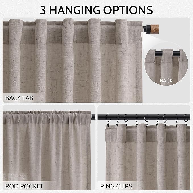 Nanspring Stone Beige Curtains 63 Inch Length for Living Room Linen Luxury Light Filtering Semi Sheer Curtain Back Tab Simple Modern Elegant Farmhouse Decor Drapes for Bedroom Office 52x63, 2 Panels