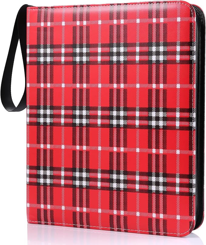 WOT I Trading Card Binder, 900 Pockets Baseball Card Binder Sleeves with Zipper, Double Sided Pockets Card Holder Carry Card Case for Baseball Card, Football Card, Scottish Style, Black+Red