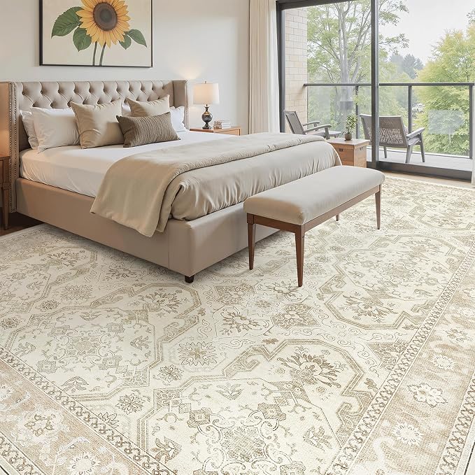 Soalmost 10x14 Area Rugs for Living Room Washable Rug Non-Slip Beige/Brown | Large Vintage Stain Resistant Carpet for Dining Bedroom, Low Pile Lightweight Foldable Floor Mat Nursery Home Office Decor