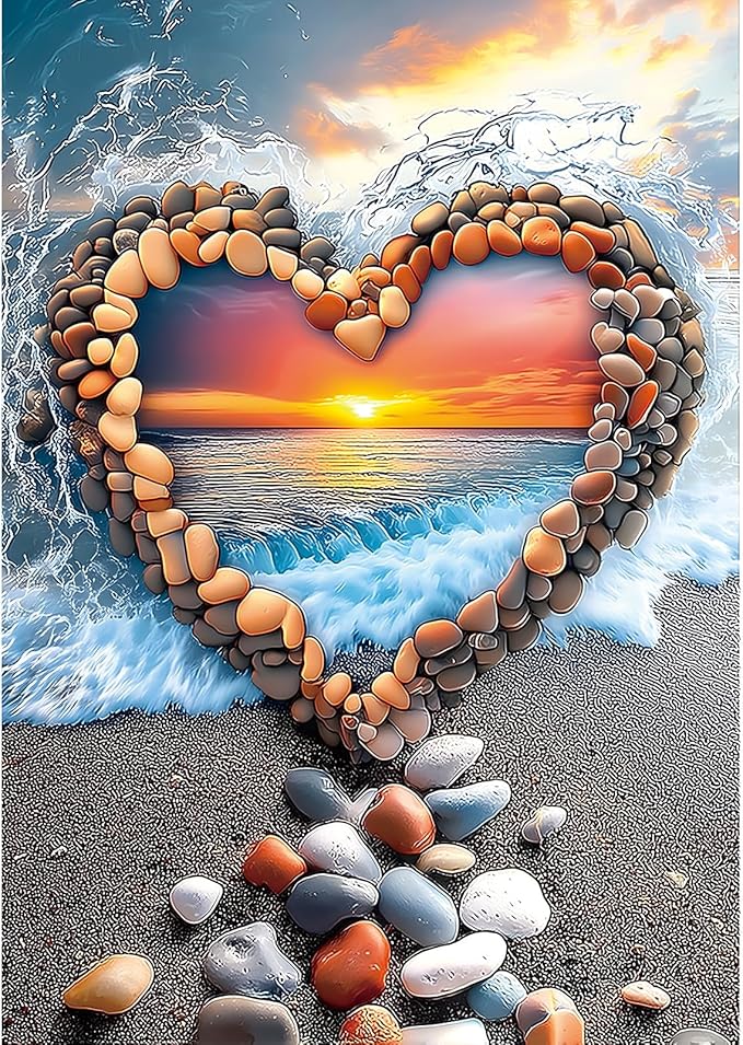 1000 Piece Jigsaw Puzzle for Adults, Heart-Shaped Love Pebbles Sunset Beach Art Puzzle, Challenging Impossible Difficult Hard Fun Puzzles for Adults