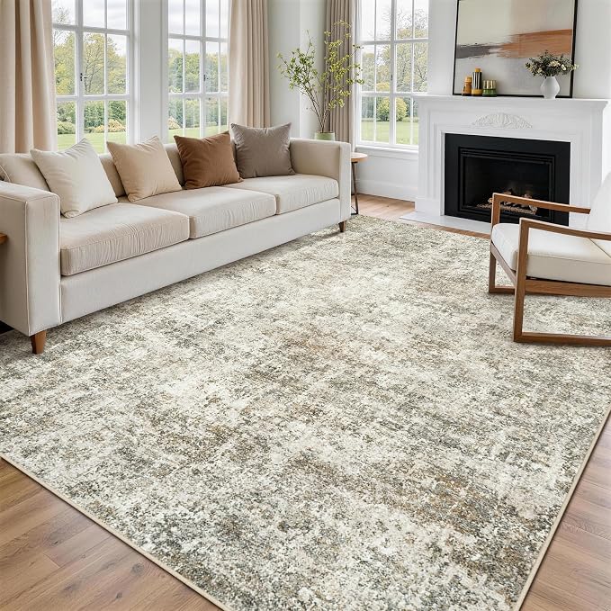 9x12 Area Rugs for Living Room Rug Washable: Abstract Large Rug for Dining Room Bedroom Carpet Non Slip 9 by 12 Indoor Modern Nursery Home Office Beige Brown