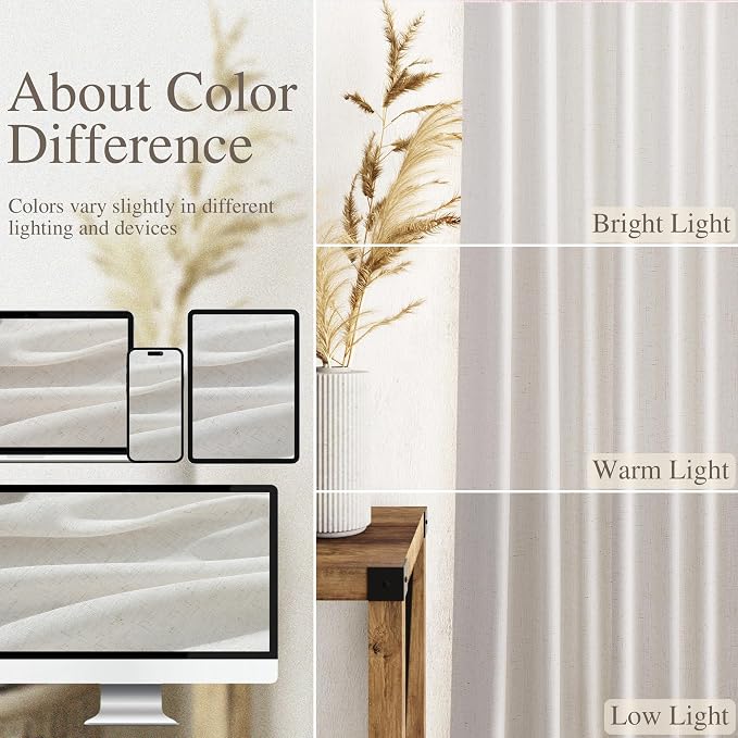 Nanspring Natural Linen Curtains 108 Inches Long for Living Room Light Filtering Sheer Curtains Back Tab and Rod Pocket Farmhouse Floor to Ceiling Curtain for Bedroom High Window 52x108, 2 Panels