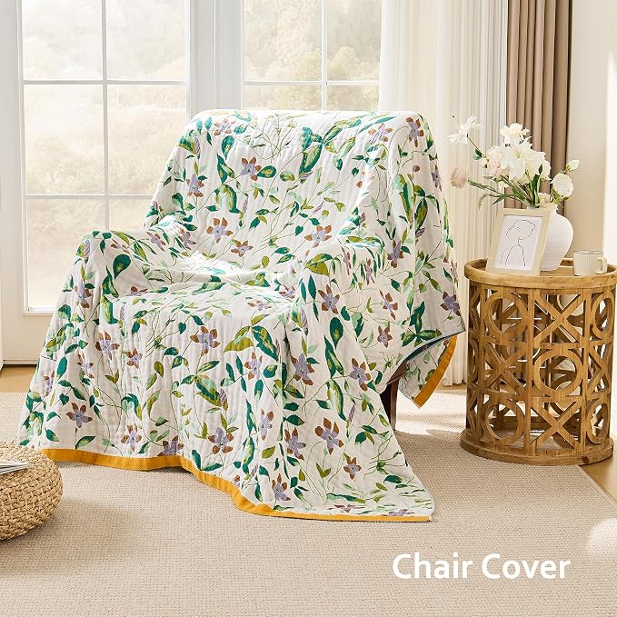 VANJOROY Boho Throw Blanket, 100% Organic Cotton Breathable Ultra Soft 91" x 108" King Bed Quilt Throw - All Season Floral Rustic Farmhouse Decor Luxury Blanket for Sofa Couch Chair