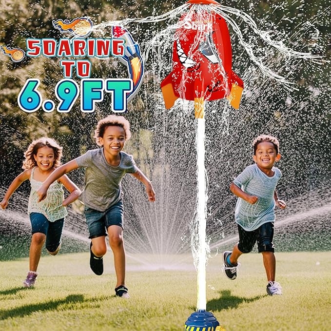 Outdoor Water Toys Rocket Sprinkler for Kids, Backyard Summer Splash Game for Toddlers Boys Girls, 360° Spin Water Launcher with Hose Connection, Birthday Gift for Age 3+