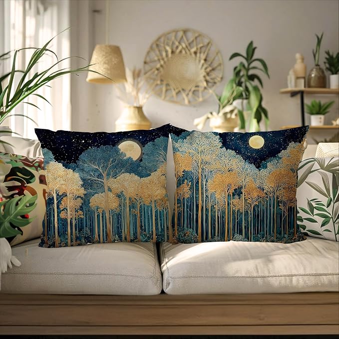 Rustic William Morris Inspired Gold Forest Moon Pillow Covers 18x18 Set of 2,Vintage Black and Gold Botanical Moon Nature Landscape Decorative Throw Pillow Covers for Home Bedroom Living Room
