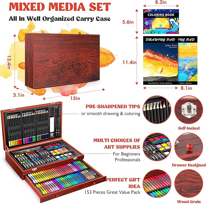 Caliart Art Supplies, 153-Pack Deluxe Wooden Art Set Crafts Drawing Painting Coloring Supplies Kit with 2 A4 Sketch Pads, Halloween Creative Gift Box for Adults Artist Beginners