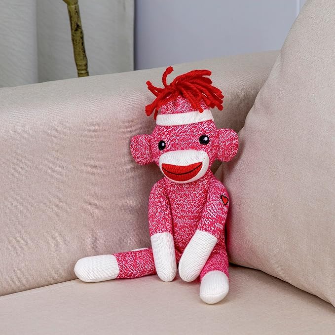 Plushland Adorable Sock Monkey 8 Inches Tall - Soft Realistic Plush Knitted Stuffed Animal Toy Gift - for Kids, Babies, Teens, Girls and Boys(Pink)