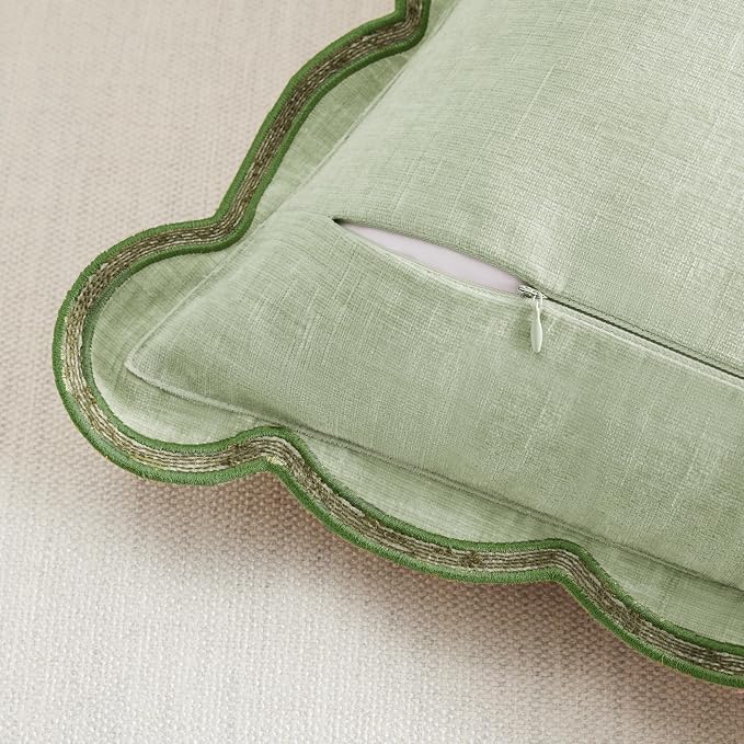 Ohocut Light Green Scalloped Pillow Cover Pack of 2 Spring Chenille Decorative Cute Boho Couch Throw Pillow Covers 18" x 18" Aesthetic Funky Preppy Pillow Cases for Sofa Living Room