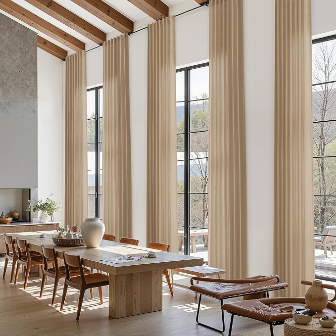 Sand Beige Linen Curtains 132 Inch Length for Living Room Simple Modern Light Filtering Semi Sheer Curtain Back Tab Rustic Home Decor Drapes Floor to Ceiling High Window for Bedroom 52x132, 2 Panels