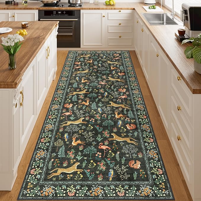 DUKINO 3x8 Runner Rug, Animal Washable Runner Rug for Kitchen, Black | Non Slip, Low Pile, Soft Indoor Carpet Runner for Hallway, Entryway, Bedroom, Bathroom, Laundry, Pet Friendly, Non-Shedding