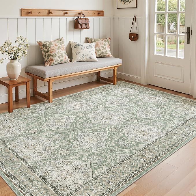 Soalmost 3x5 Rugs, Small Washable Kitchen Entryway Area Rug Green/Brown | Vintage Low Pile Carpet for Nursery Coffee Table Bathroom, Foldable Stain Resistant Indoor Door Mat Entrance Powder Room