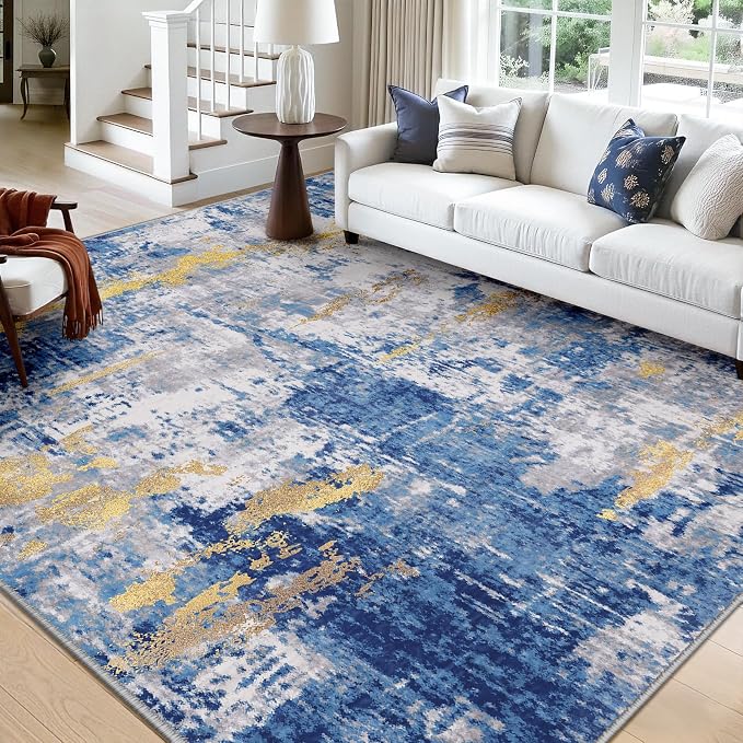 RELEANY Washable Square 10' x10' Area Rug for Living Room Blue Gold | carpet for bedroom, kitchen, office, hallway and entryway, printed pattern, non-slip, soft, stain-resistant, easy to clean