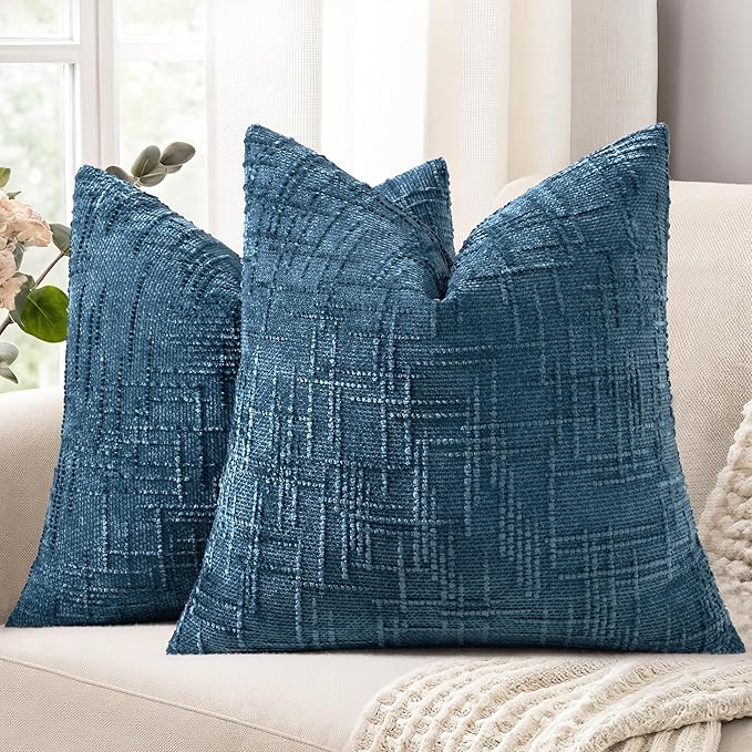 decorUhome Textured Chenille Throw Pillow Covers 18x18 Set of 2 Navy Blue | Fall Modern Farmhouse Soft Cozy Slubby Couch Pillow Cases Boho Decorative Pillow Cases for Bed Sofa Living Room Home Decor