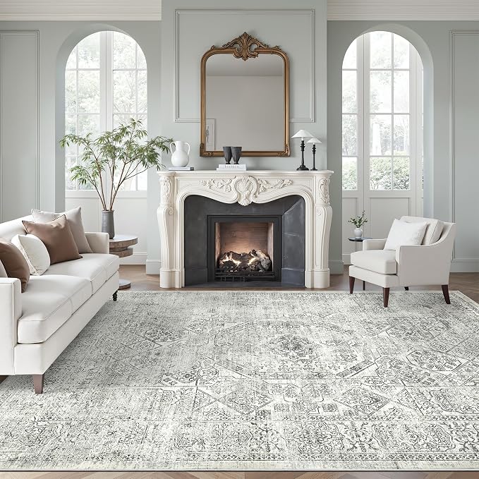 Soalmost Washable Area Rug 8x10 Large Soft Living Room Rugs Light Gray | Farmhouse Vintage Carpet Non-Slip for Dining Bedroom, Stain Resistant Low Pile Foldable Thin Floor Mat Under Table Home Decor