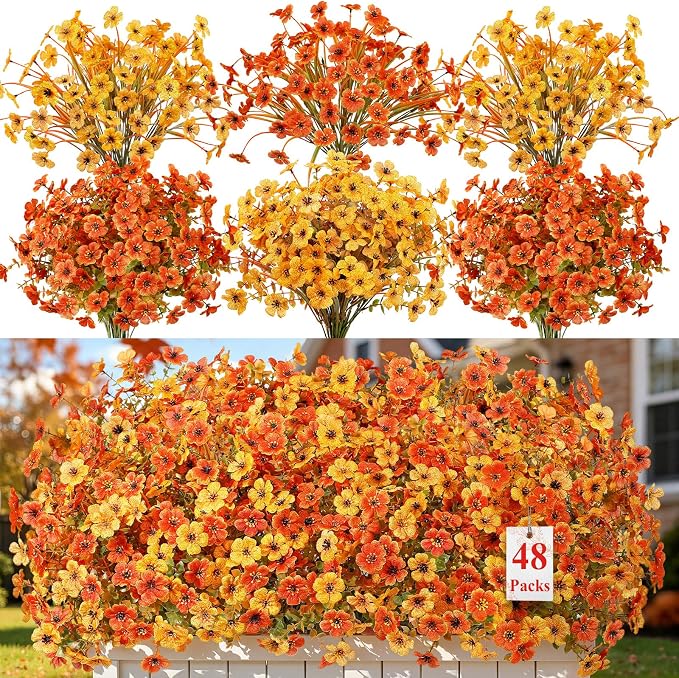 Alupssuc 48 Bundles Artificial Fall Flowers, UV Resistant Faux Mums Porch | Silk & Plastic, 13 Inch Tall, for Indoor Outdoor Planters Yard Patio Window Box, Autumn Outside Realistic Fake Decoration