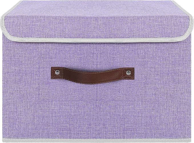 ANMINY Fabric Storage Box Bins with Lids, Purple, 13"x9"x7.9", 4 Pack | Keepsake Memory Storage, Cotton Linen, PP Board Reinforced, Washable, PU Handles, Foldable & Stackable, Decorative, Medium