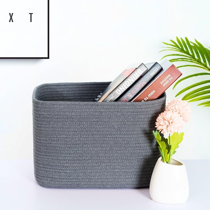 3-Pack Decorative Woven Storage Baskets for Shelves, Cube Bin Box for Organizing Books, Shoes, Dog Toys, Pantry Closet and Living Room Organizer, Charcoal Gray