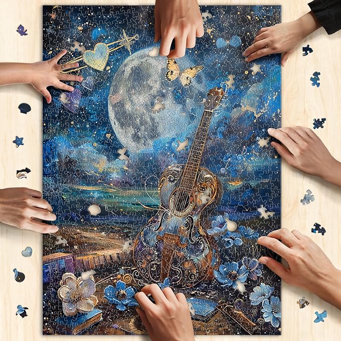 Guitar Moon Night Jigsaw Puzzles for Adults 1000 Pieces, Murder Mystery, Unique Brain Challenging Shaped Puzzle for Game Night, Family, Friends, Size 26.6x19.2