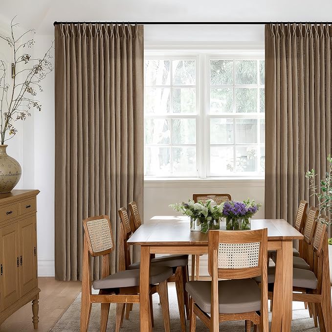 98 Inch Linen Curtains 2 Panels Set Pinch Pleated for Living Room Bedroom Memory Training Shaped Semi Sheer Dutch Cocoa Pinch Pleat Drapes Hooks Rings Light Filtering Window Curtain Drapes