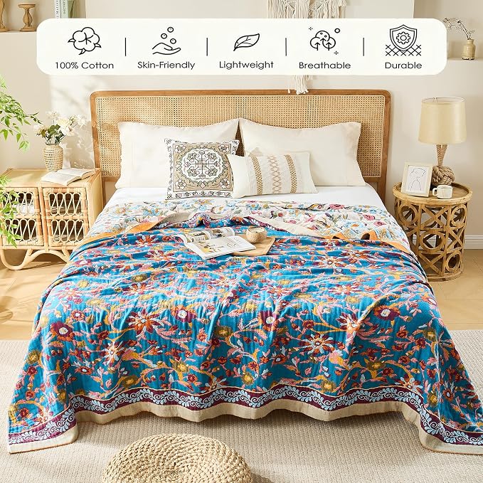 VANJOROY Boho Throw Blanket, 100% Organic Cotton Breathable Ultra Soft 91" x 108" King Bed Quilt Throw - All Season Floral Rustic Luxury Blanket for Sofa Couch Chair
