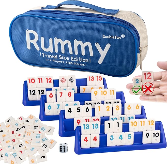 Doublefan Mini Rummy Cube Set, Mini Size Rummy Game with Portable Bag, Small Travel Game for Adult and Kids,106 Tiles, 4 Playing Rack, 1 Dice (2-4 Players)