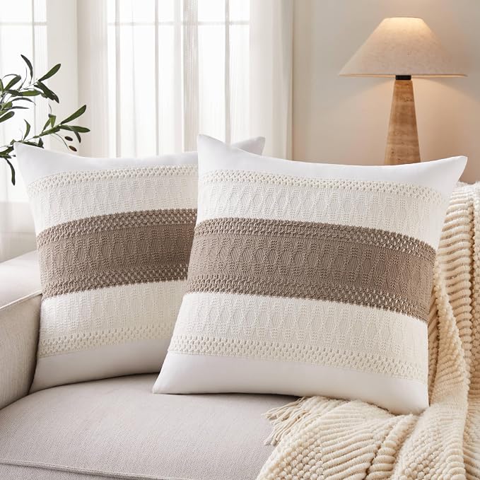 2pk Boho Pillow Covers 24x24, Natural White/Contrast/Cocoa Brown | 100% Organic Cotton Body, Stripe Embroidery, Farmhouse Decorative Cushion Covers for Sofa Bed Living Room Home Decor