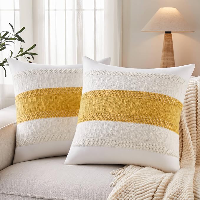 2pk Boho Pillow Covers 24x24, Natural White/Contrast/Mustard Yellow | 100% Organic Cotton Body, Stripe Embroidery, Farmhouse Decorative Cushion Covers for Sofa Bed Living Room Home Decor