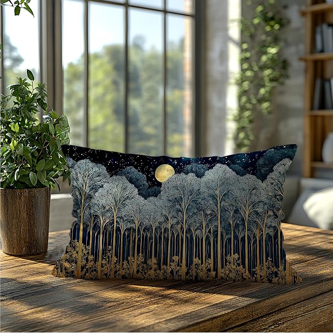 Rustic William Morris Inspired Forest Green Moon Decor Pillow Covers 12x20 Double-Sided,Vintage Night Moon Botanical Nature Landscape Decorative Throw Pillow Covers for Home Bedroom Living Room