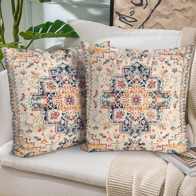Boho Throw Pillow Covers 16x16 inch Set of 2,Boho Vintage Carpet Pattern Antique Ethnic Decor Double Sided Pattern Cushion Cover Soft Pillow Case Living Sofa Room Bed Square Pillow Cover
