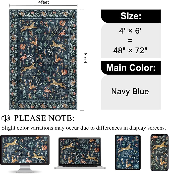 DUKINO 4x6 Area Rug, Non Slip Animal Washable Living Room Rug, Navy Blue | Soft, Low Pile, Stain Resistant Indoor Carpet for Bedroom, Dining Room, Nursery, Farmhouse, Pet Friendly, Non-Shedding