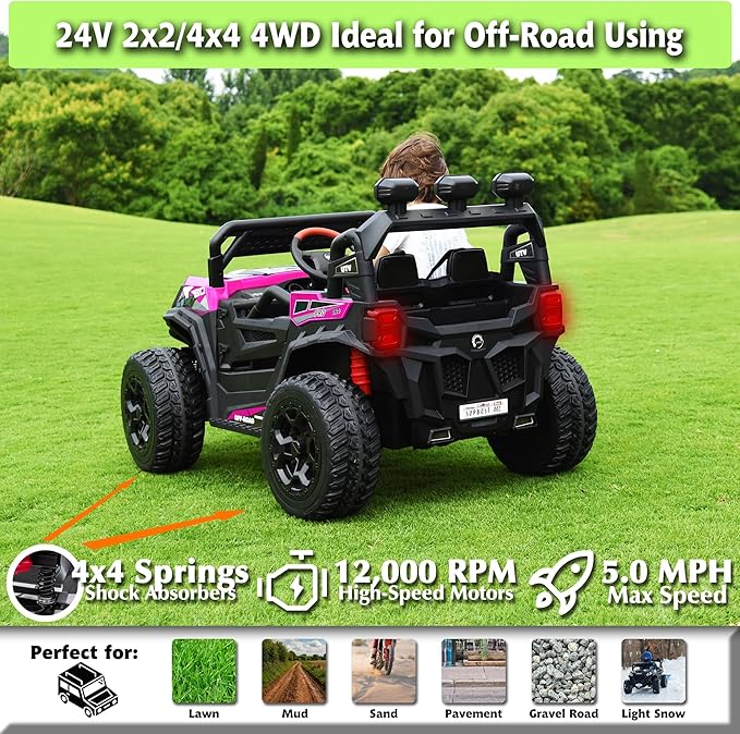 Sopbost 24V Premium 4x4 Ride On UTV for Kids with Remote Control, Electric Off-Road Truck with EVA Rubber Tires, 2WD/4WD Switch, Music & LED Lights, Battery Powered Car for Big Kids Ages 3–8 (Pink)