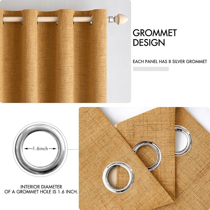 MIULEE 100% Blackout Linen Textured Curtains for Bedroom Solid Thermal Insulated Mustard Yellow Grommet Room Darkening Curtains & Drapes Luxury Decor for Living Room 52 x 96 Inch (2 Panels)