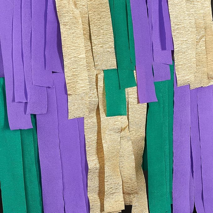 PartyWoo Mardi Gras Crepe Paper Streamers 6 Rolls 492 ft Pack of Metallic Gold Purple and Green Crepe Paper for Mardi Gras Halloween Birthday Party Decorations (1.8 Inch x 82 Ft/Roll)