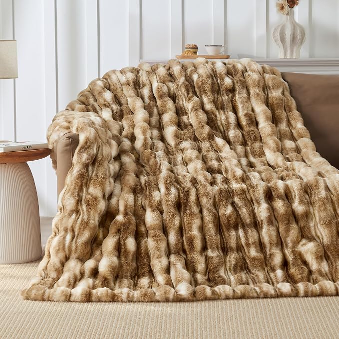 Luxury 1000GSM Rabbit Faux Fur Blanket, Super Warm Cozy Brown Blankets for Couch Bed Sofa, Ruched Plush Fuzzy Elegant Soft Reversible Mink Blanket Living Room Bedroom, 50" x 60",Leopard Brown
