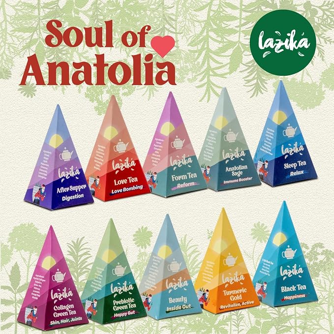 Lazika Tea Sampler with Premium Presentation Box, 10+10 Counts, Mothers Day Gift, 2 of Each Blend Individually Wrapped, Black Green and Herbal Tea Variety Gift Set, Collection with Pyramid Infuser Bag