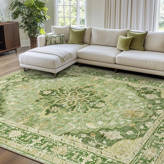 RELEANY Area Rugs 7'x9' Washable Non-Slip, Floral Vintage Distress Medallion Carpet for Living Room Bedroom Dining Room, Sage Green Yellow