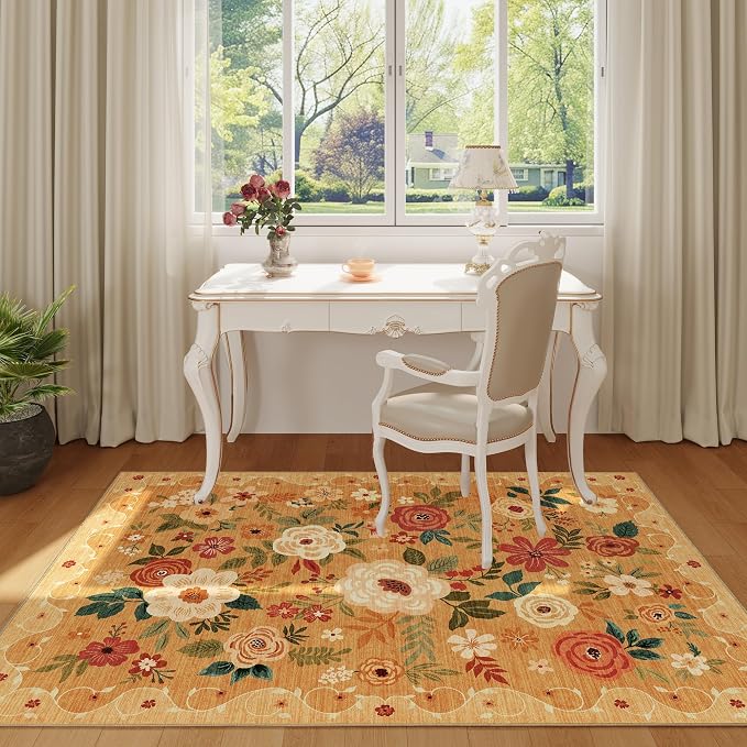 DUKINO 4x6 Area Rug, Floral Washable Rug Non Slip Office Chair Mat, Orange | Low Pile, Stain Resistant, Soft Indoor Rug for Bedroom, Living Room, Dining Room, Kids Room, Pet Friendly, Modern Home Decor