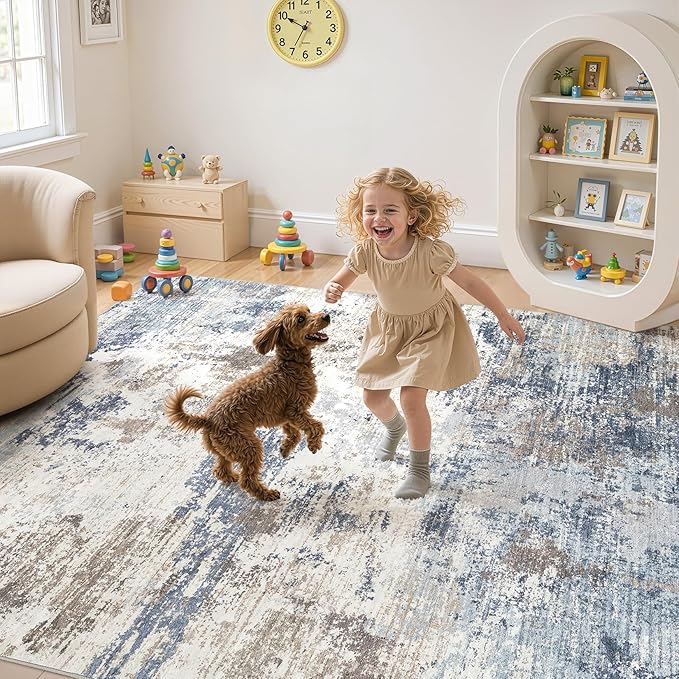 UERMEI 10x14 Area Rug Living Room Rugs - Washable Neutral Modern Abstract Soft Thin Large Rug Indoor Floor No Slip Rug Carpet for Bedroom Under Dining Table Home Office Decor - Denim Blue